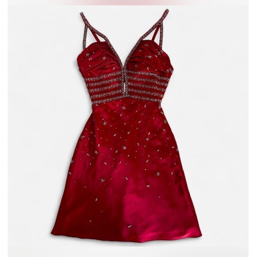 MoriLee by Madeline Gardner Embellished Red Satin Mini Dress with Beaded Bodice